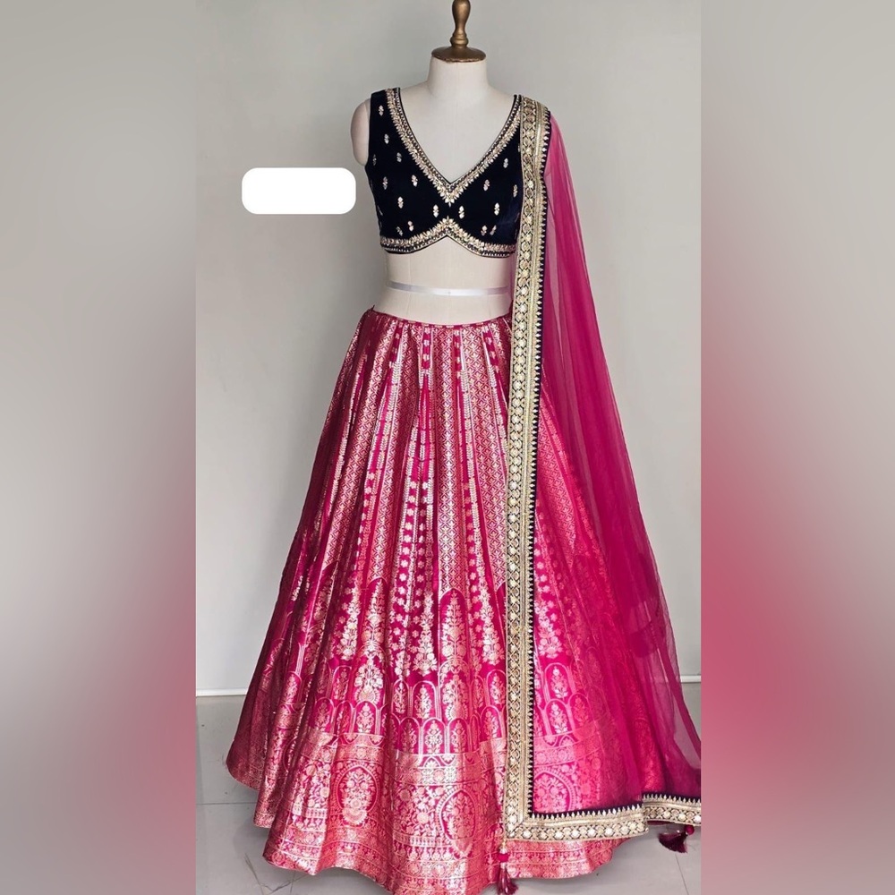 Beautiful navy velvet blouse & Pink Zari lehnga NWT